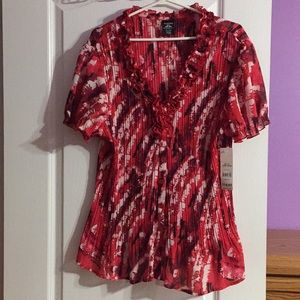 Printed Button-Up Ruffle Cascade Blouse